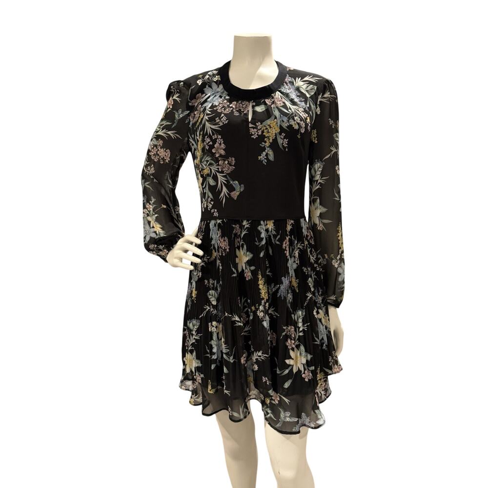 Oasis Multicolored Botanical Print Sheer Sleeve Pleated Knee Length Dress Sz 8